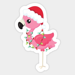 Christmas Flamingo, Santa Hat, Christmas Lights Sticker